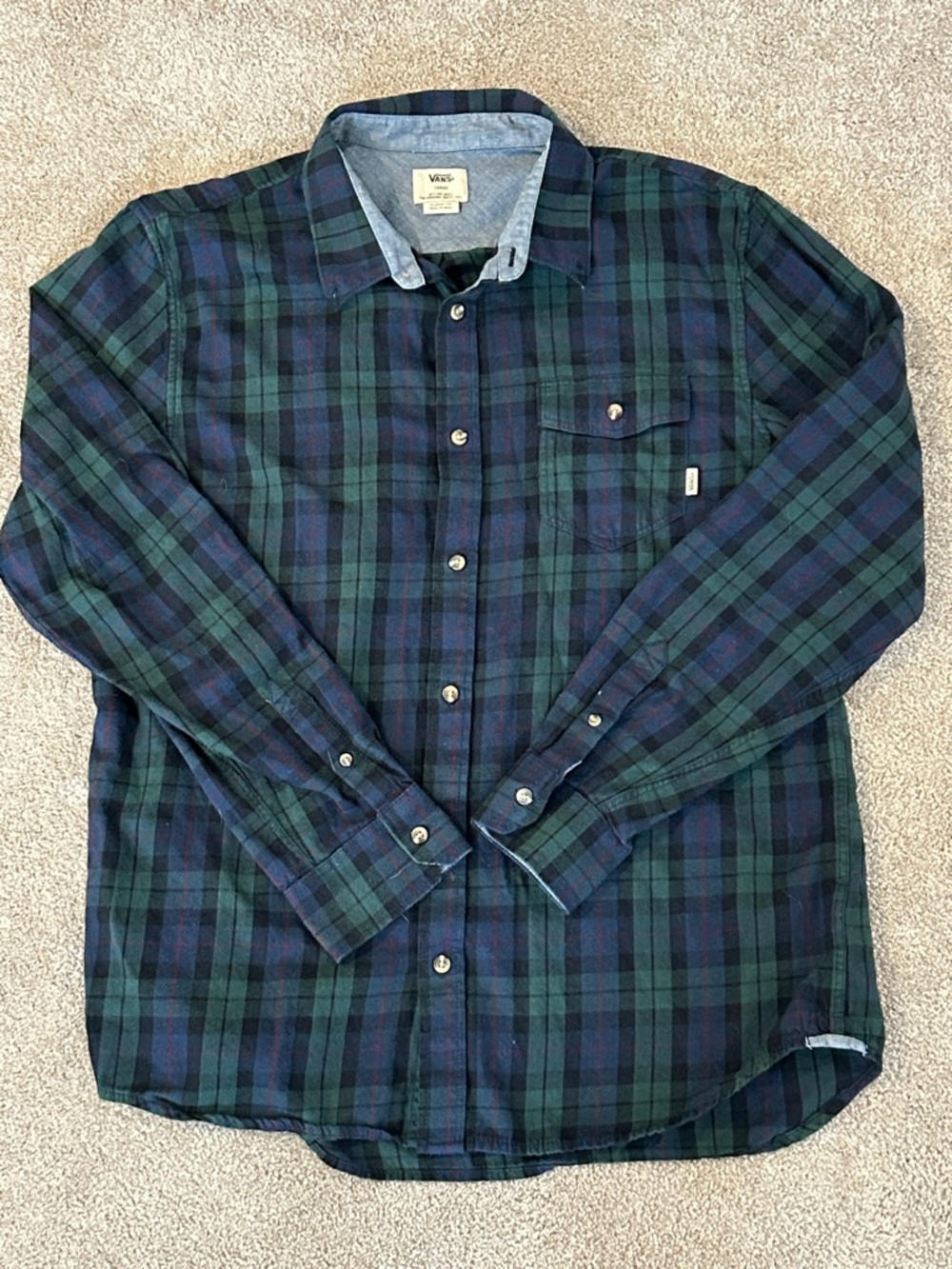Vans Green and Navy Plaid Button-Down Flannel Shirt
